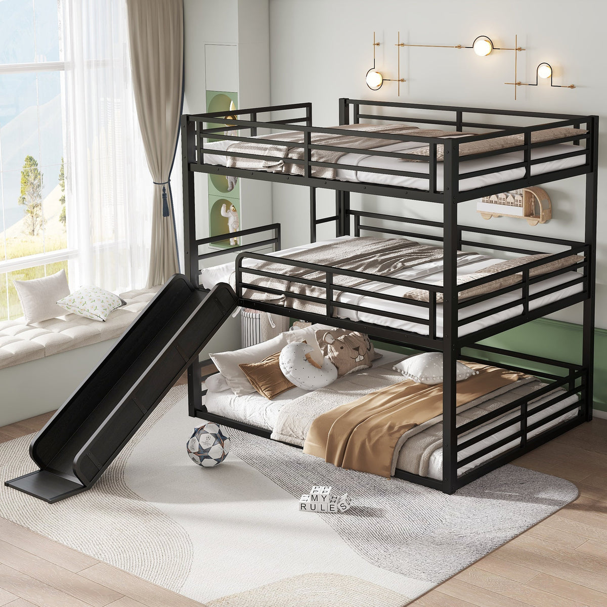 Queen over Queen bunk bed with slide in black metal frame, multi-tier sleep system on Tampa Home & Garden Store