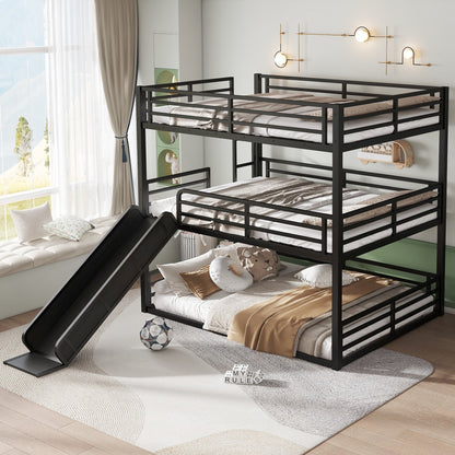 Queen over Queen bunk bed with slide in black metal frame, multi-tier sleep system on Tampa Home & Garden Store