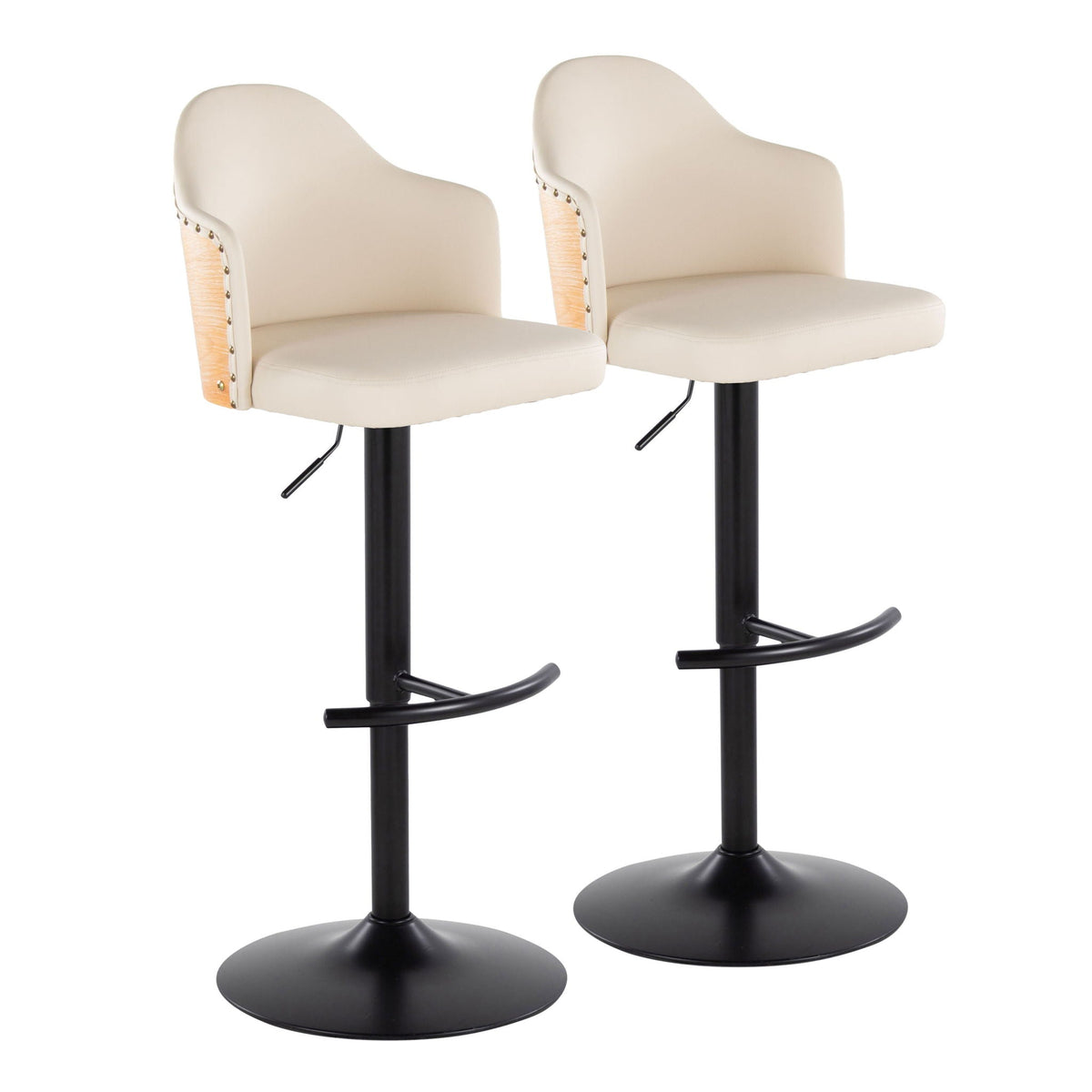 Pair of contemporary adjustable barstools with swivel footrests in beige upholstery on Tampa Home & Garden Store