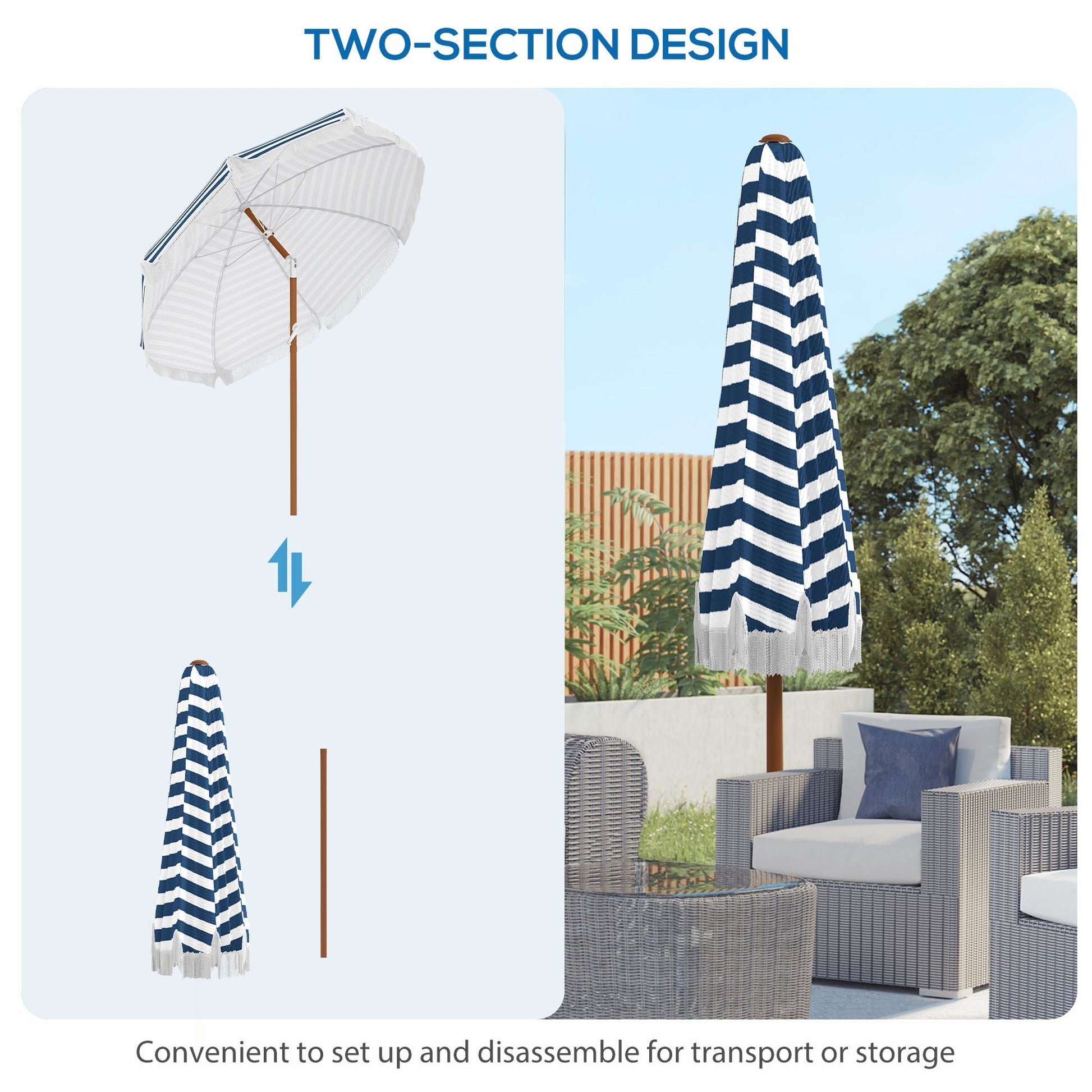 Outsunny 7x7 ft outdoor patio umbrella tilt vent, white/navy striped canopy, 2 shown on Tampa Home & Garden Store