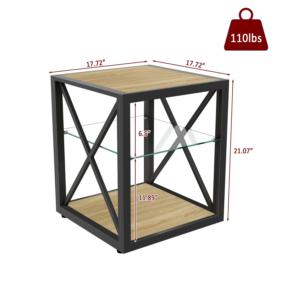 End table with black metal frame, light wood top and glass shelf, 17.72\" top, 21.07\" tall on Tampa Home & Garden Store