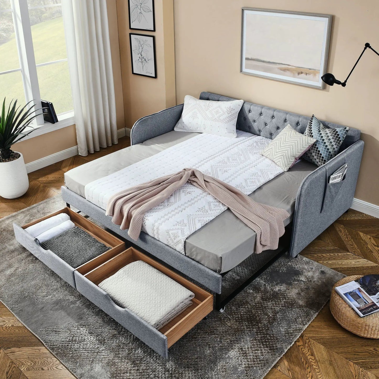Daybed With Trundle and Storage Drawers Flat Arms