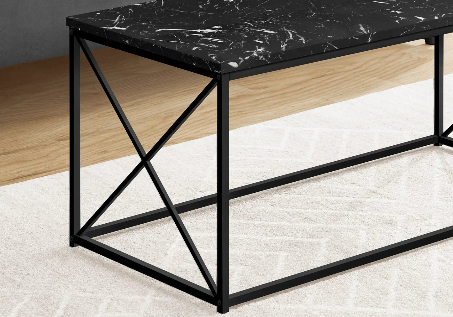 Rectangular coffee table with black marble top and metal X-brace frame Unique Piece Furniture on Tampa Home & Garden Store