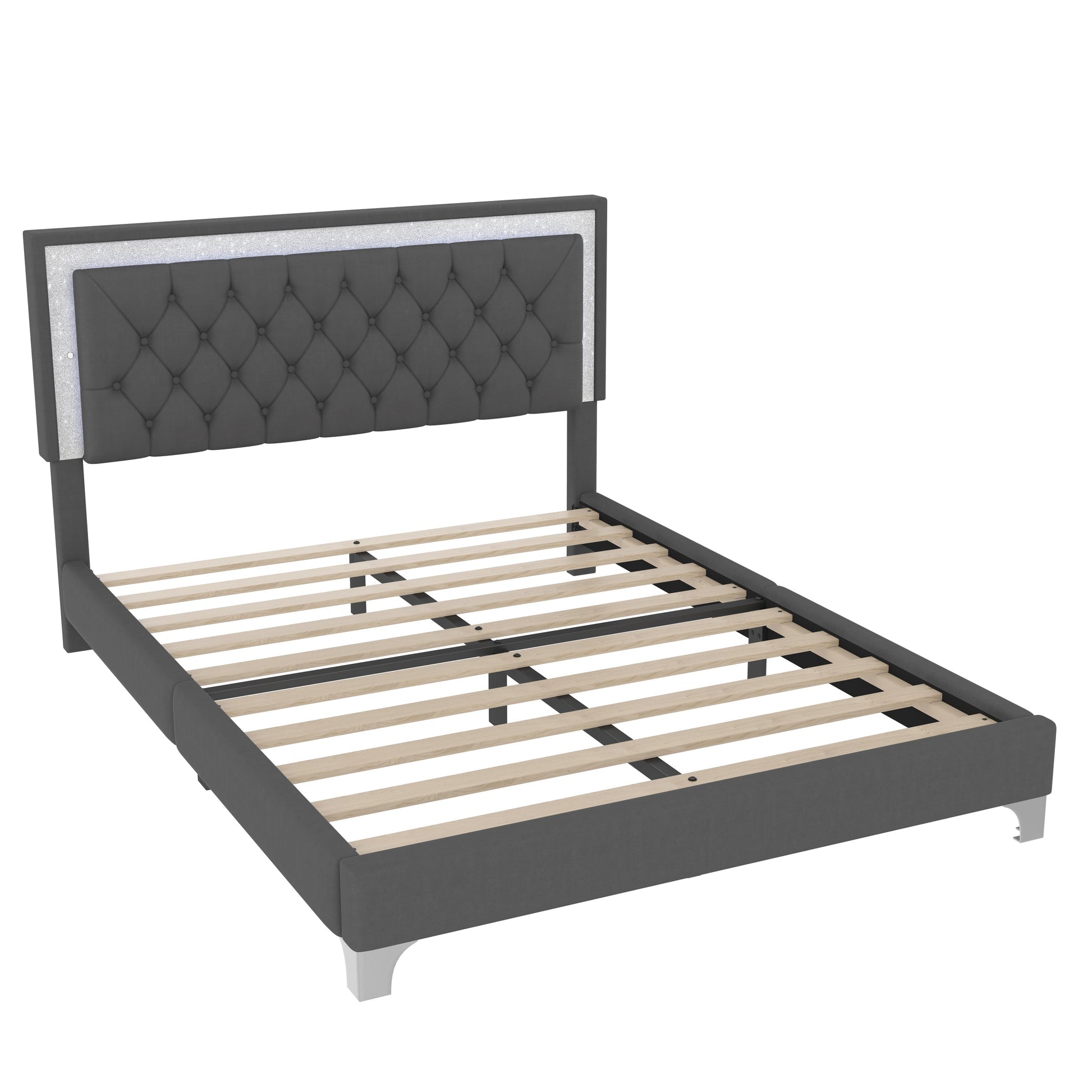 Queen size upholstered platform bed with tufted gray headboard and wooden slats on Tampa Home & Garden Store