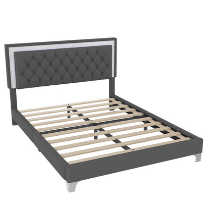 Queen size upholstered platform bed with tufted gray headboard and wooden slats on Tampa Home & Garden Store