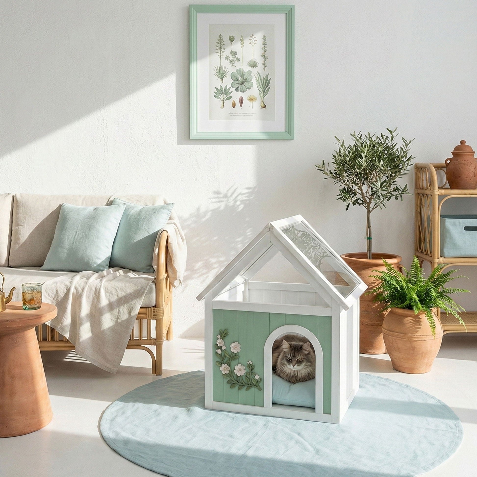 Indoor cat house with clear roof in mint and white for small cats and dogs on Tampa Home & Garden Store