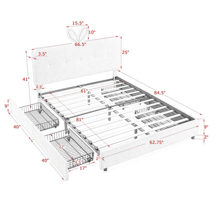 Upholstered Bed with Rabbit Ear and Led Drawers