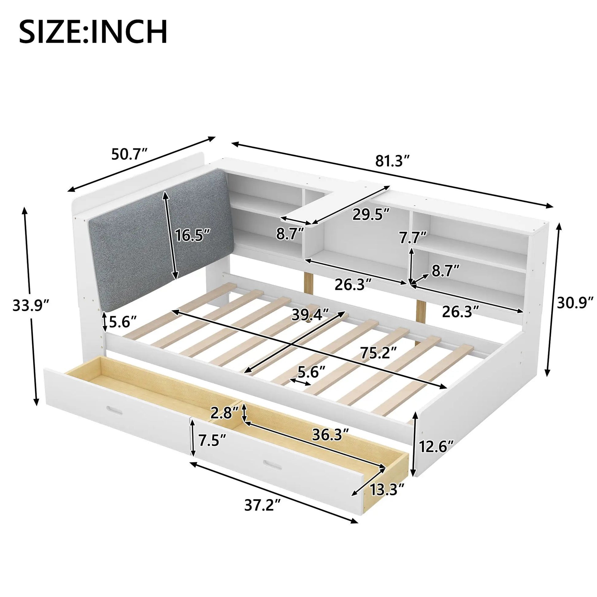 Platform bed with storage headboard and 2 drawers, white finish with built-in shelves on Tampa Home & Garden Store