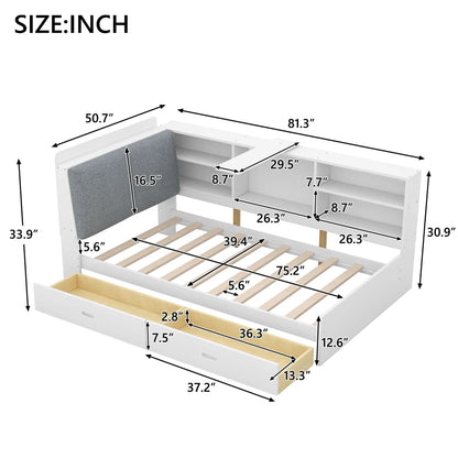 Platform bed with storage headboard and 2 drawers, white finish with built-in shelves on Tampa Home & Garden Store