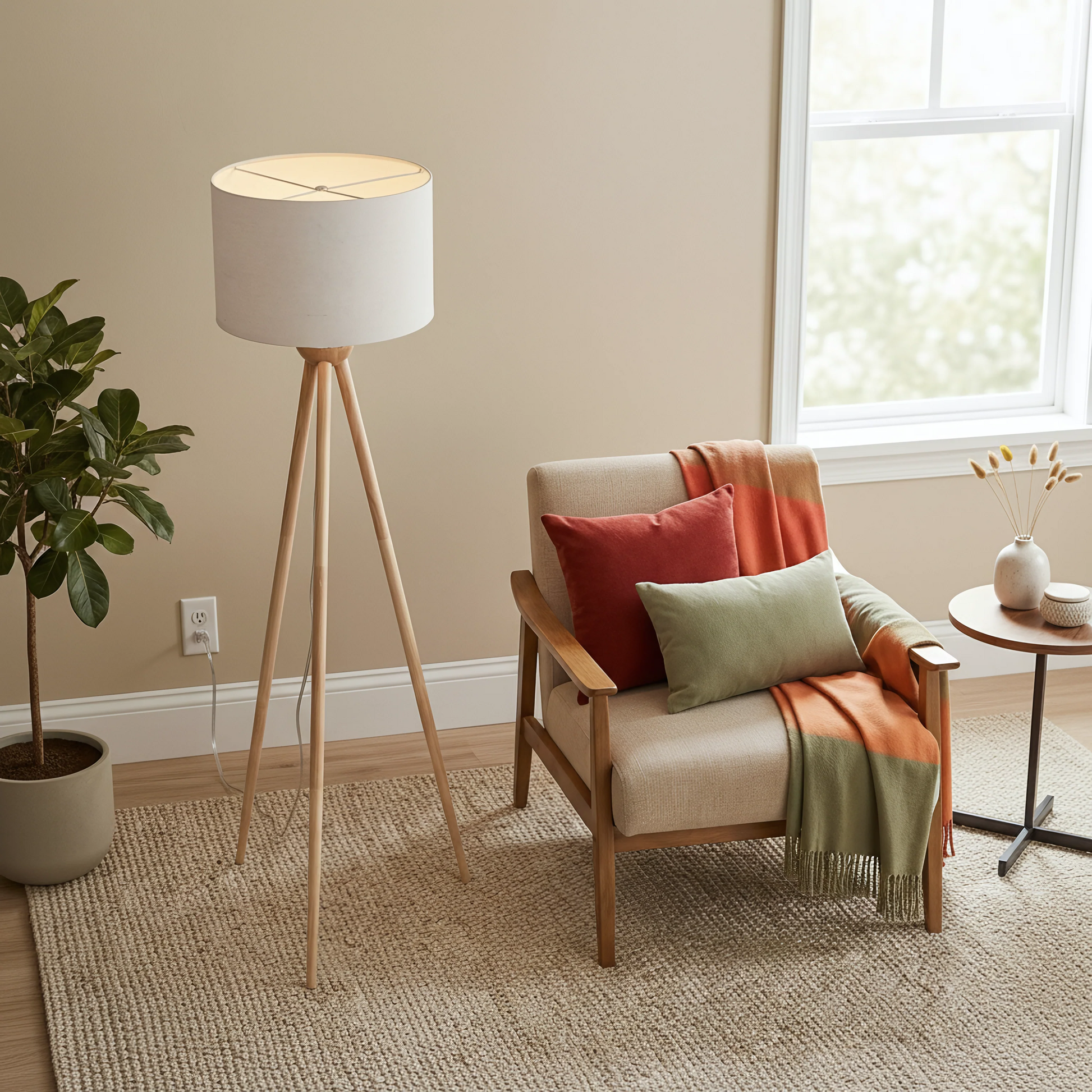 Tall Corner Floor Lamp with light gray drum shade and wooden tripod base in living room on Tampa Home & Garden Store