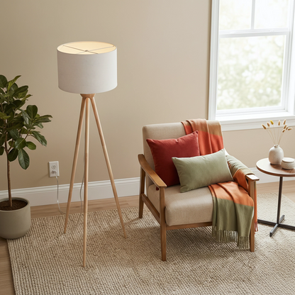Tall Corner Floor Lamp with light gray drum shade and wooden tripod base in living room on Tampa Home & Garden Store