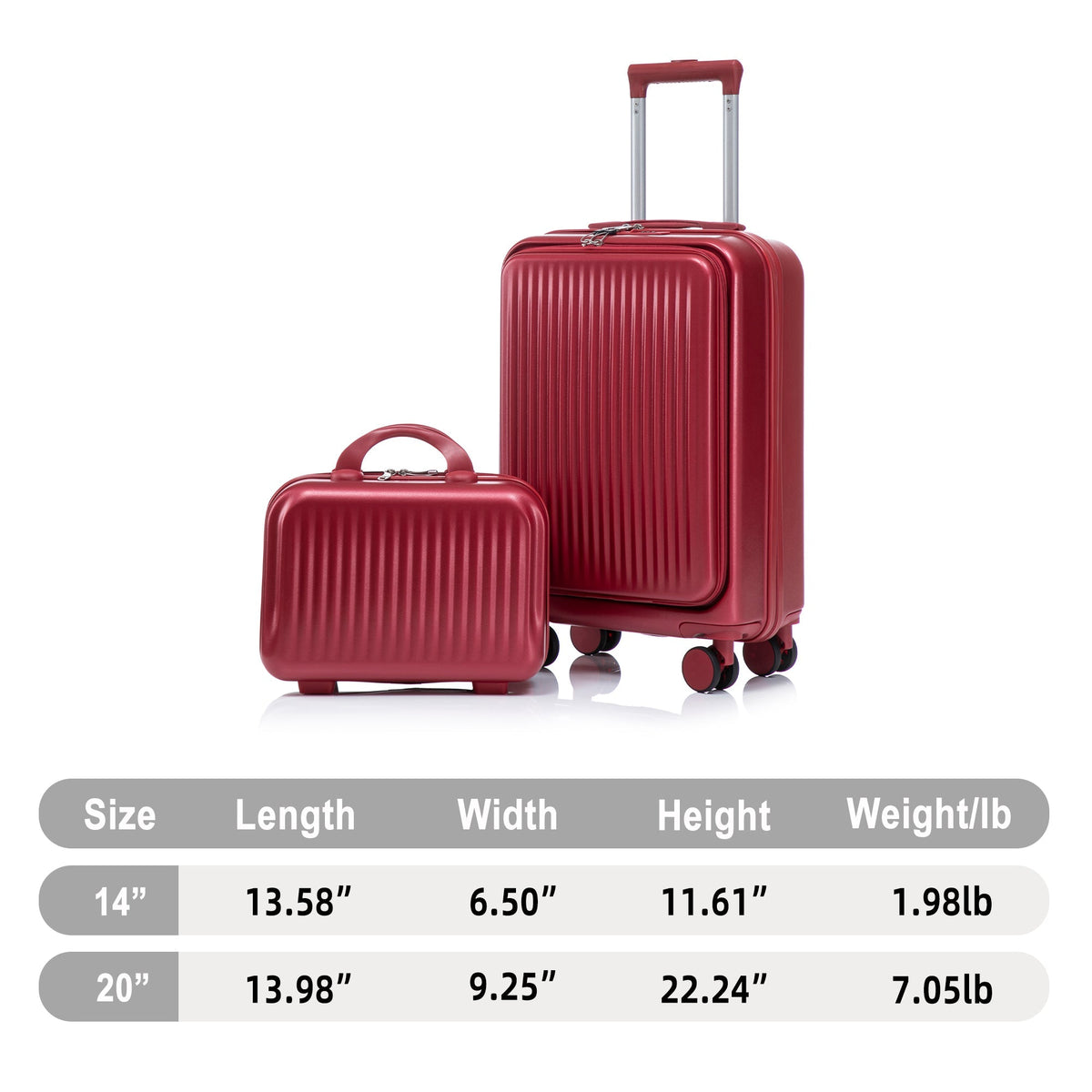 Two-piece red ABS spinner luggage set with front-opening design, includes 14in & 20in suitcases on Tampa Home & Garden Store