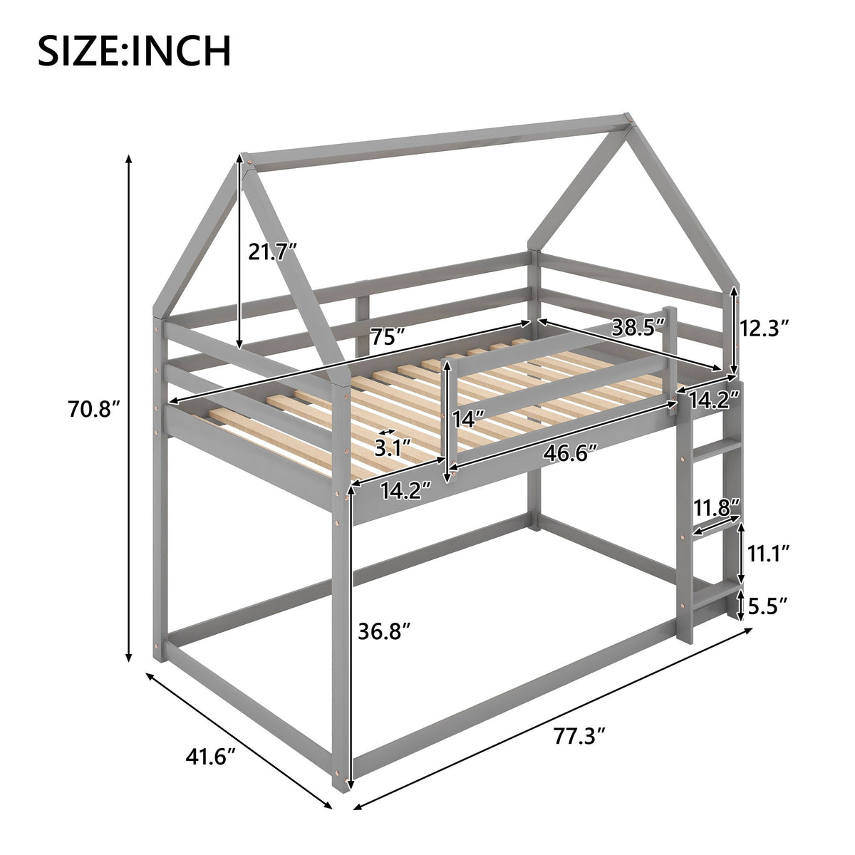 Low bunk bed with house-shaped frame and ladder in gray by HouseOfZazla on Tampa Home & Garden Store