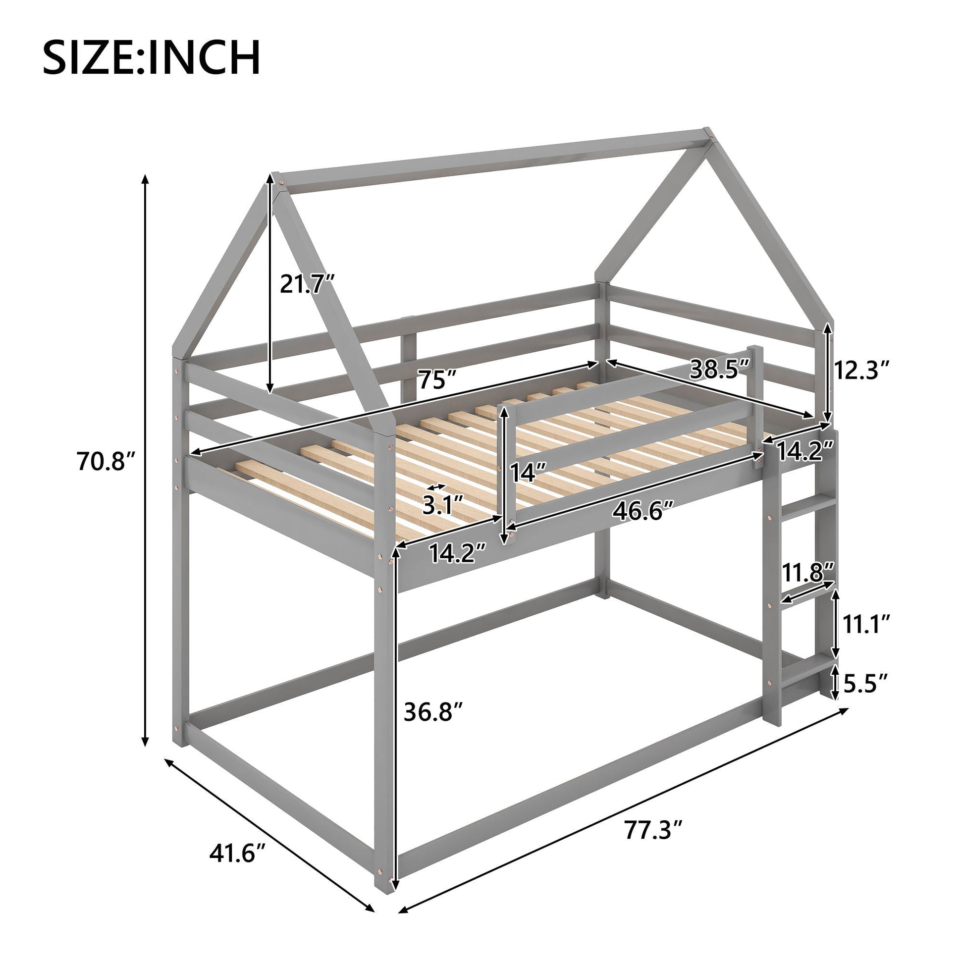 Low bunk bed with house-shaped frame and ladder in gray by HouseOfZazla on Tampa Home & Garden Store