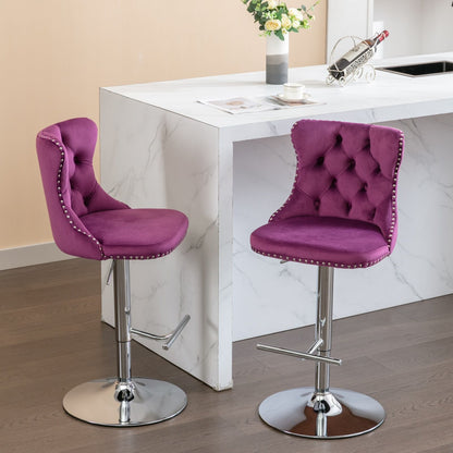 Swivel barstools set of 2, purple velvet tufted with chrome bases on marble island on Tampa Home & Garden Store
