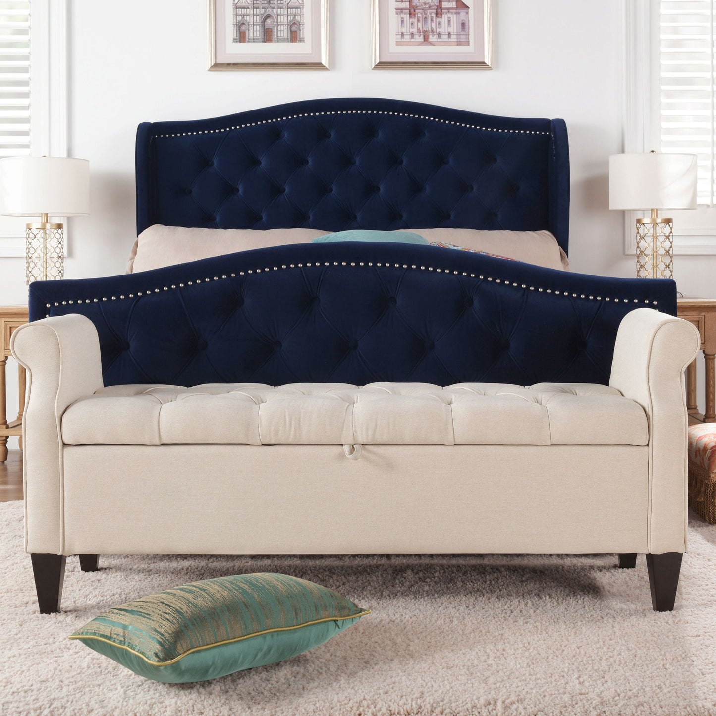 Jacqueline Tufted Roll Arm Storage Bench beige fabric by HouseOfZazla on Tampa Home & Garden Store