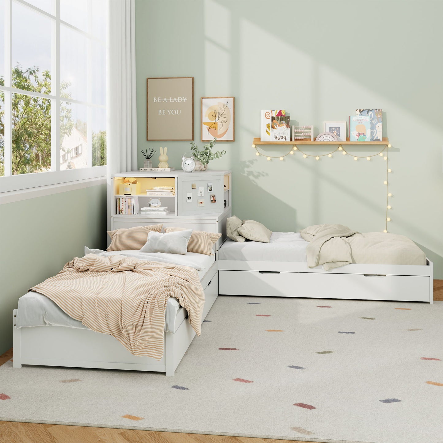 Compact L Shaped Bed Frame with Trundle and Desk