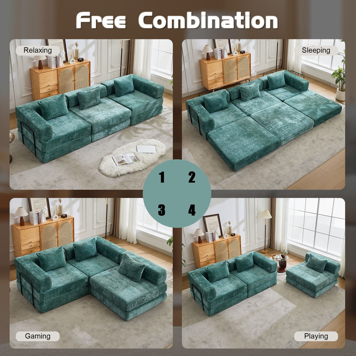 Convertible floor sofa bed futon HouseOfZazla teal boneless modular sectional for living room on Tampa Home & Garden Store