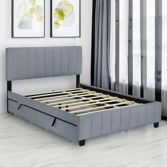 Queen Velvet Upholstered Bed With Twin XL Trundle gray velvet headboard and slatted platform on Tampa Home & Garden Store
