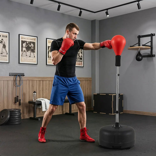 Height adjustable punching bag stand with red bag on spring base in home gym DirectDeals on Tampa Home & Garden Store