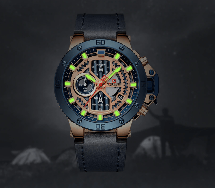 Men's Naviforce chronograph watch with blue bezel, skeleton dial, luminous green hands, strap on Tampa Home & Garden Store