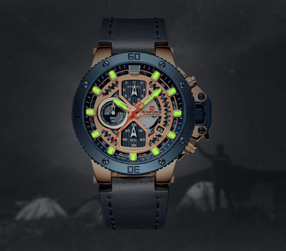 Men's Naviforce chronograph watch with blue bezel, skeleton dial, luminous green hands, strap on Tampa Home & Garden Store