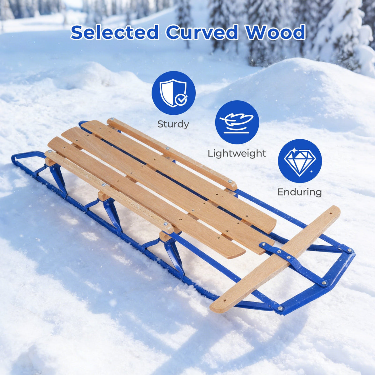 54 Inch wood snow sled with metal runners and steering bar, blue frame and wood slats on Tampa Home & Garden Store