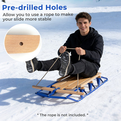 54 Inch wood snow sled with blue metal runners and steering rope, DirectDeals snow racer on Tampa Home & Garden Store