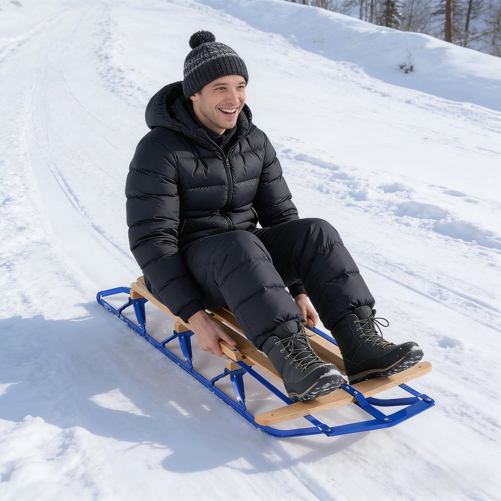 Snow sled 54 inch wood with metal runners and steering bar DirectDeals snow racer on Tampa Home & Garden Store