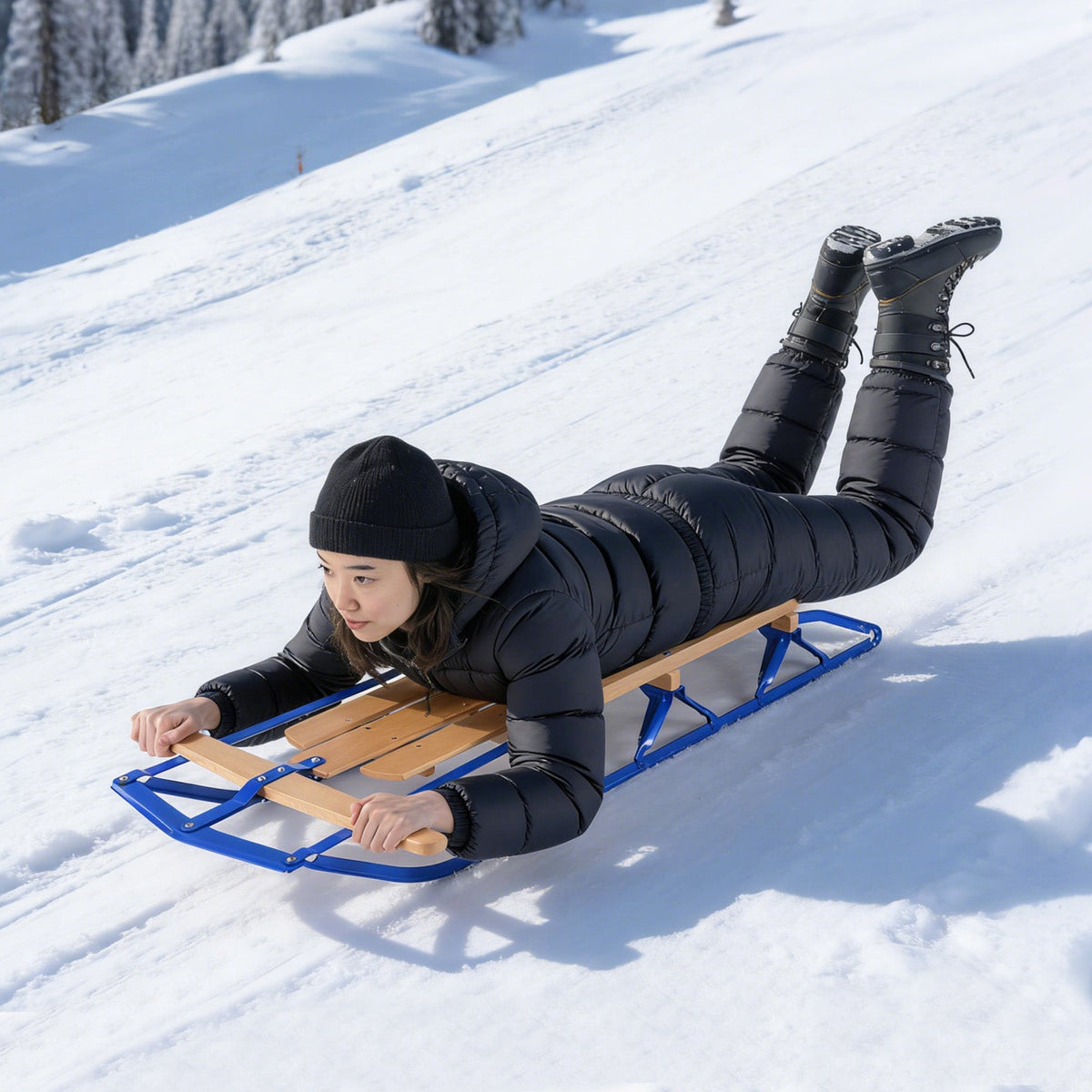 54 inch wood snow sled with metal runners and steering bar on blue frame DirectDeals snow racer on Tampa Home & Garden Store
