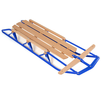 54 inch wood snow sled with blue metal runners and steering bar on Tampa Home & Garden Store