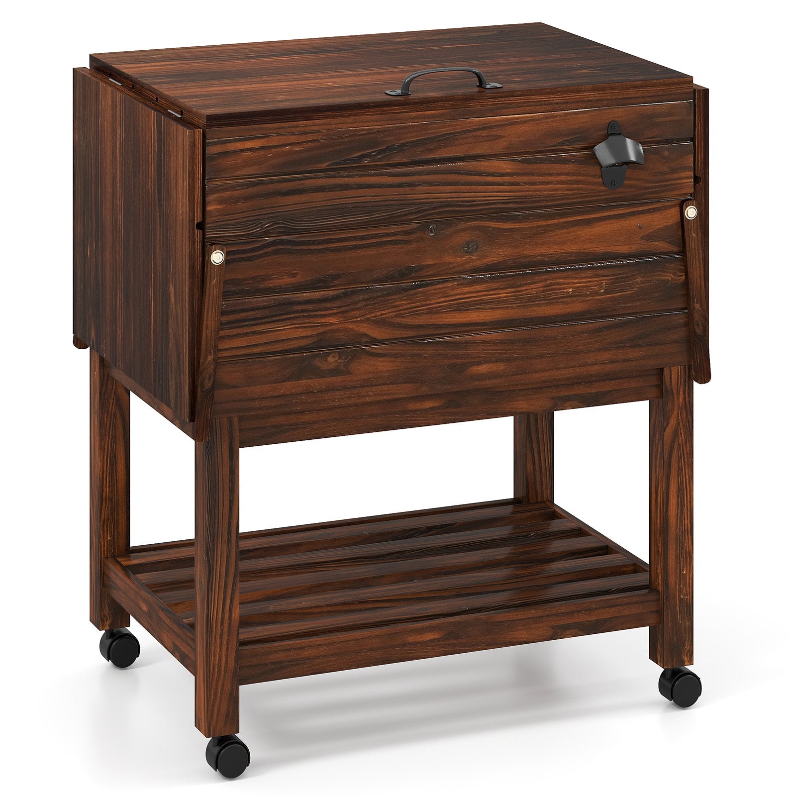 GemGear 54 Quart Wooden Cooler Cart for Patio with Shelves, brown finish, on casters on Tampa Home & Garden Store