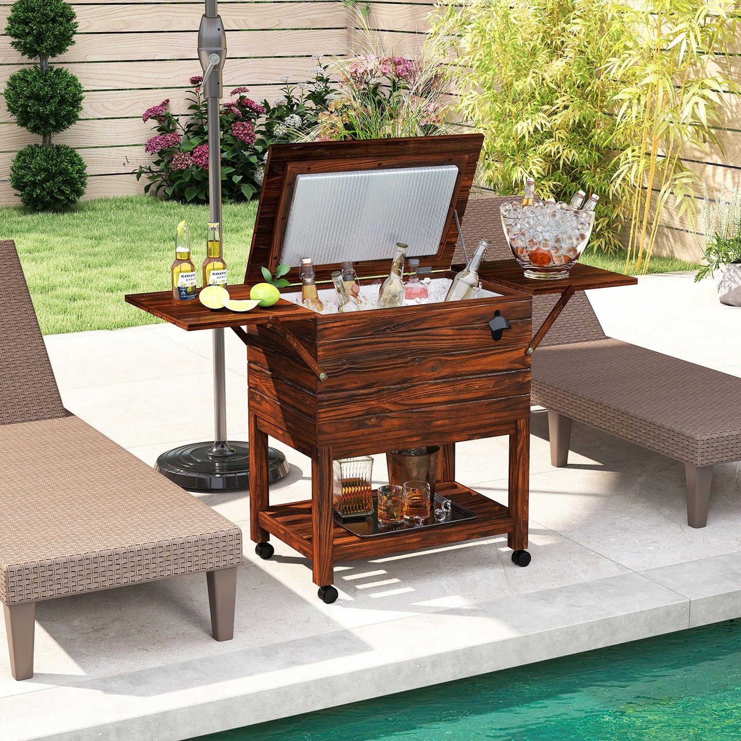 54 Quart Wooden Cooler Cart for Patio by GemGear with brown finish, rolling ice chest and side shelves on Tampa Home & Garden Store