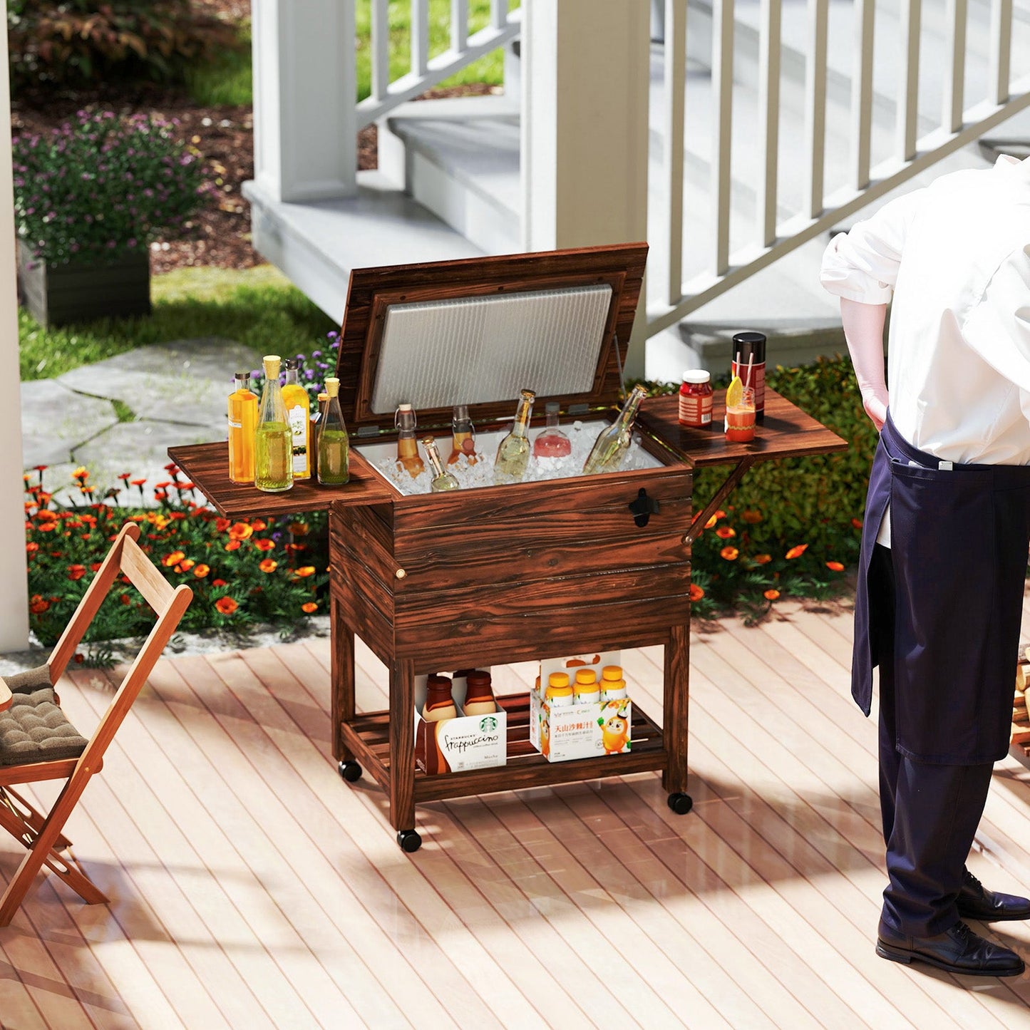 GemGear 54 Quart Wooden Cooler Cart for Patio, brown rolling ice chest with shelves on Tampa Home & Garden Store