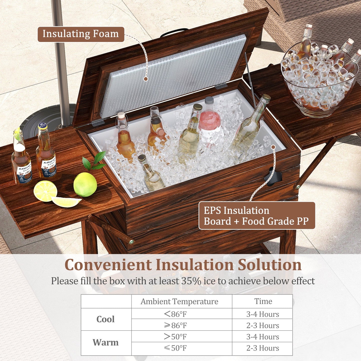 54-Quart Wooden Cooler Cart for Patio by GemGear, brown finish rolling ice chest with shelves on Tampa Home & Garden Store