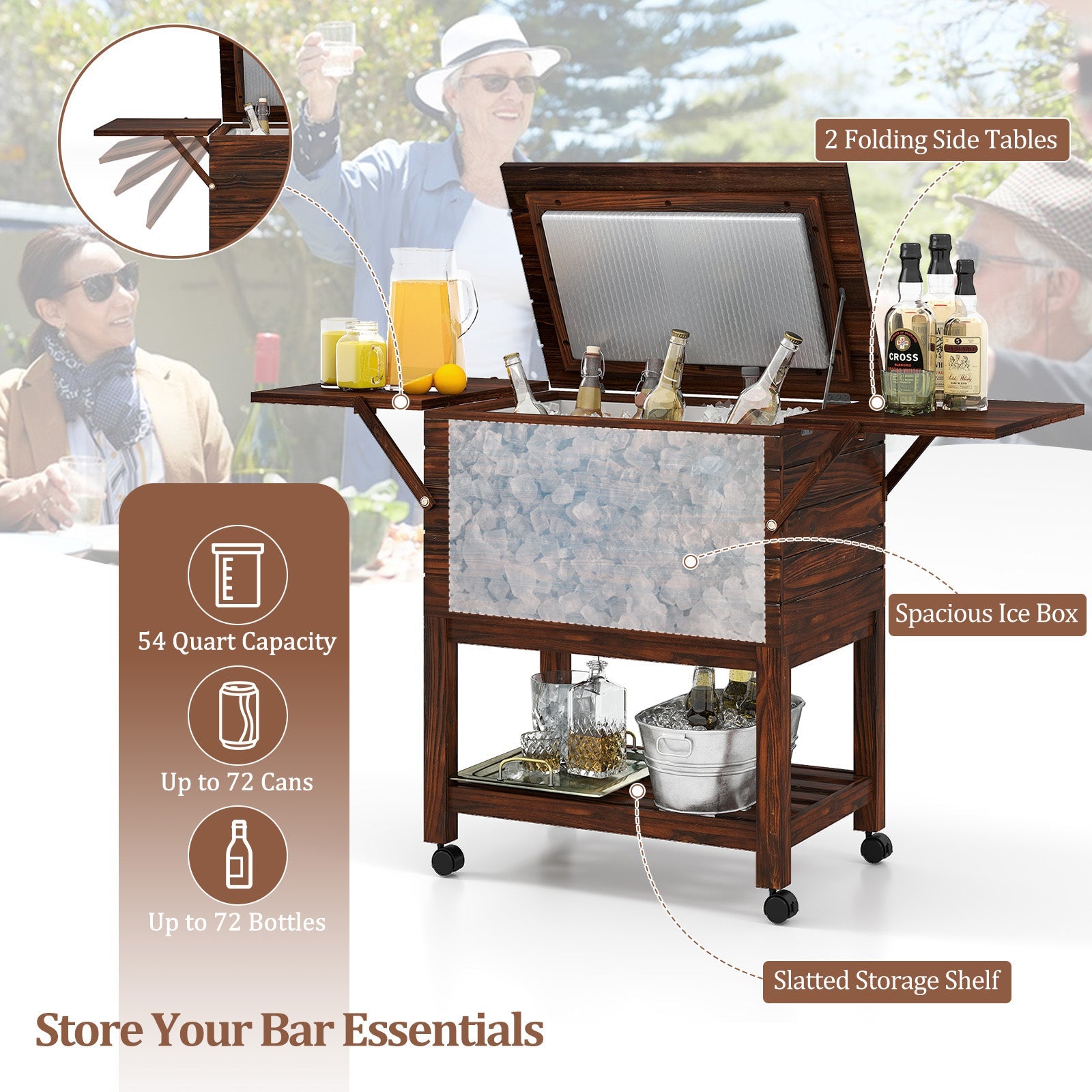 GemGear 54 Quart Wooden Cooler Cart, rolling ice chest with shelves and folding side tables on Tampa Home & Garden Store