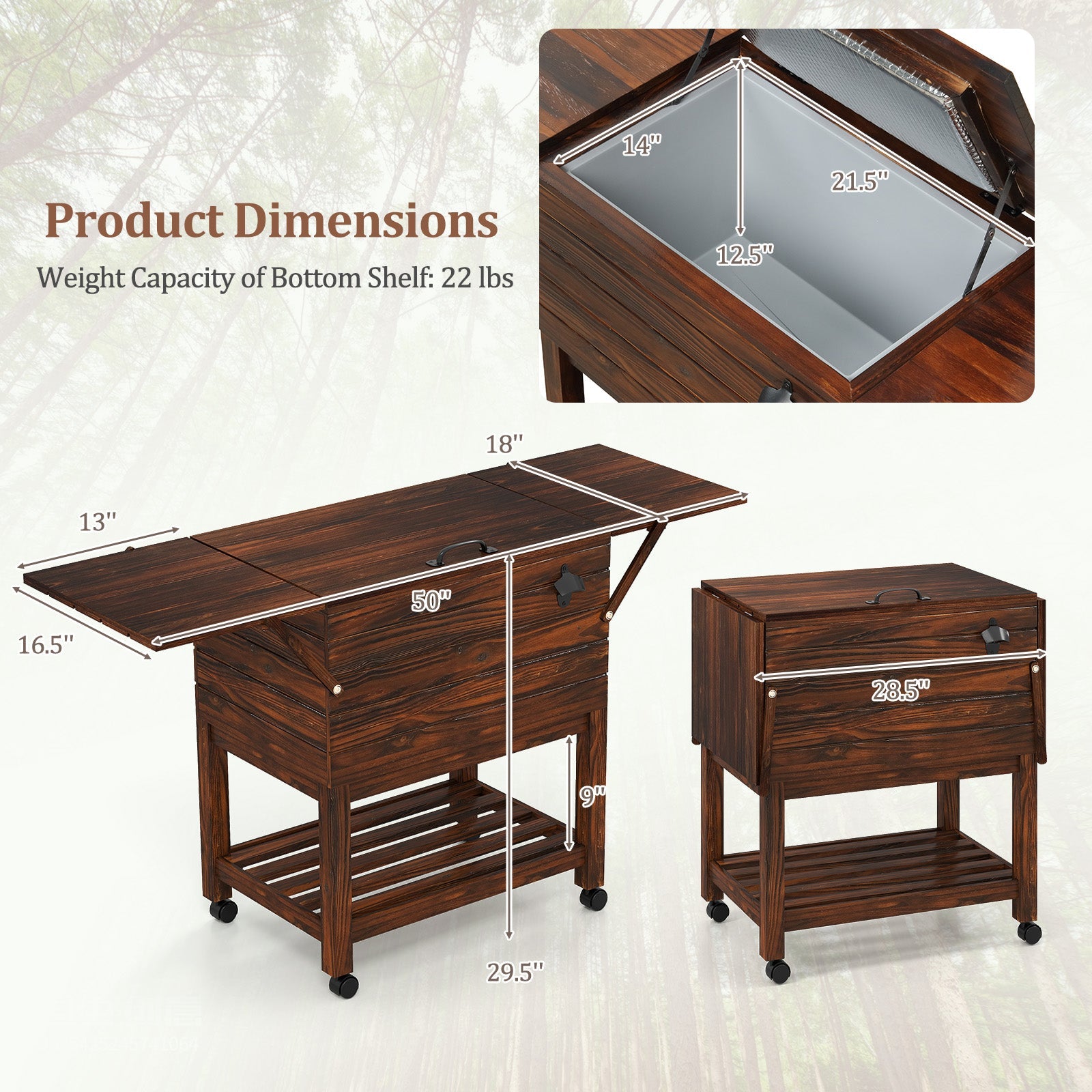 54 Qt wooden cooler cart for patio by GemGear with shelves brown finish and caster wheels on Tampa Home & Garden Store