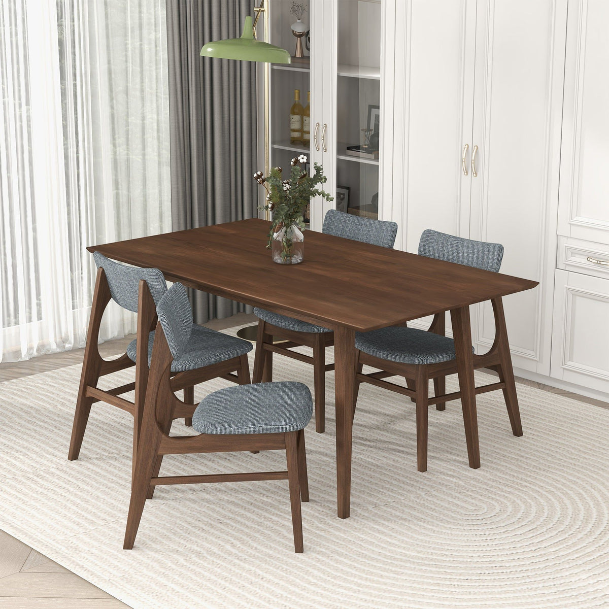 Levi Modern Style Rectangular Dining Table by HouseOfZazla dark wood with 6 blue-gray upholstered chairs on Tampa Home & Garden Store