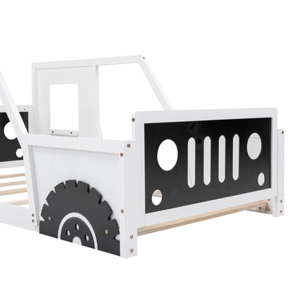 Classic car shaped platform bed with wheels, white frame and black panel featuring circular cutouts on Tampa Home & Garden Store