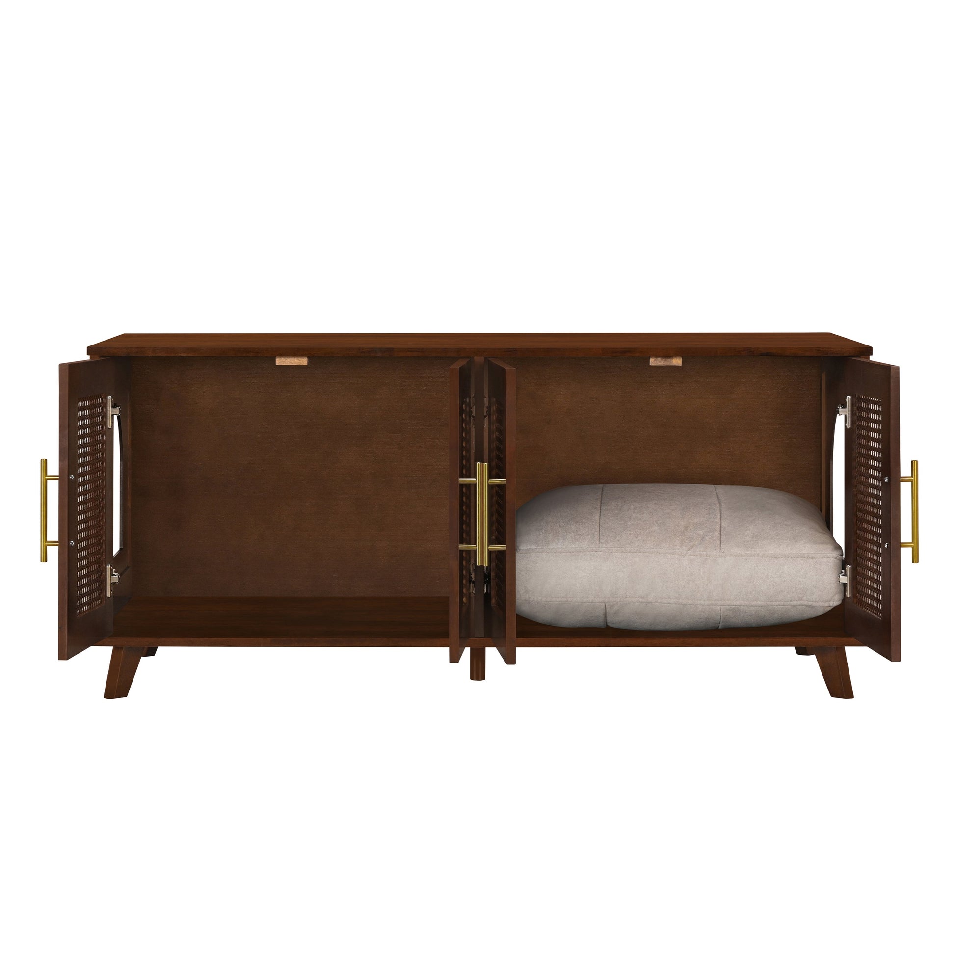 Myra cat cabinet by HouseOfZazla in rubber wood with lattice doors and grey cushion inside on Tampa Home & Garden Store