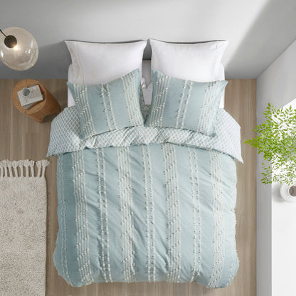 Duvet cover set king/cal king cotton jacquard aqua ivory with 2 shams HouseOfZazla on Tampa Home & Garden Store