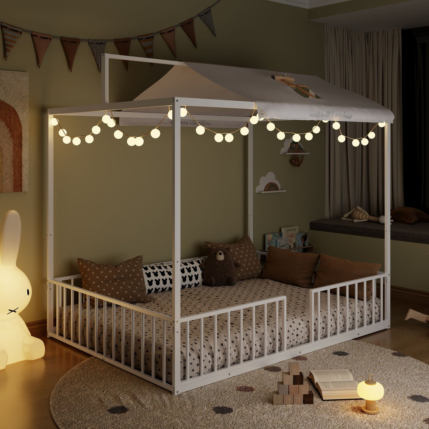 3 In 1 Montessori Floor Bed With Fenced Support white canopy frame starry bedding HouseOfZazla on Tampa Home & Garden Store