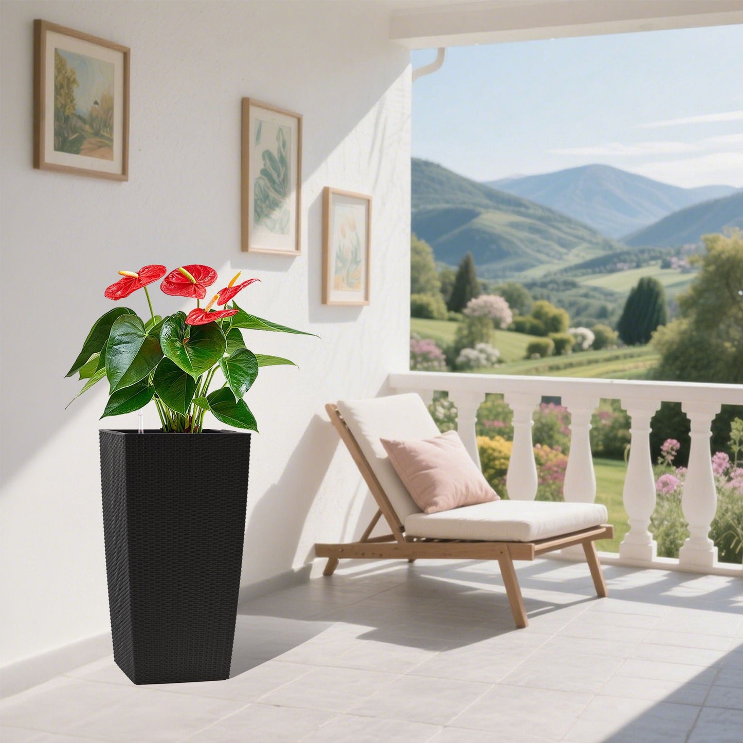Indoor Outdoor Planter With Automatic Watering System in tall black woven design on Tampa Home & Garden Store