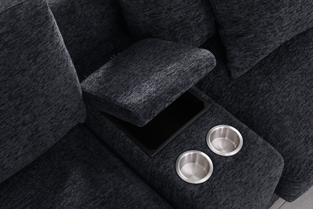 Celine fabric corner sectional sofa with dark charcoal upholstery and three built-in cupholders on Tampa Home & Garden Store