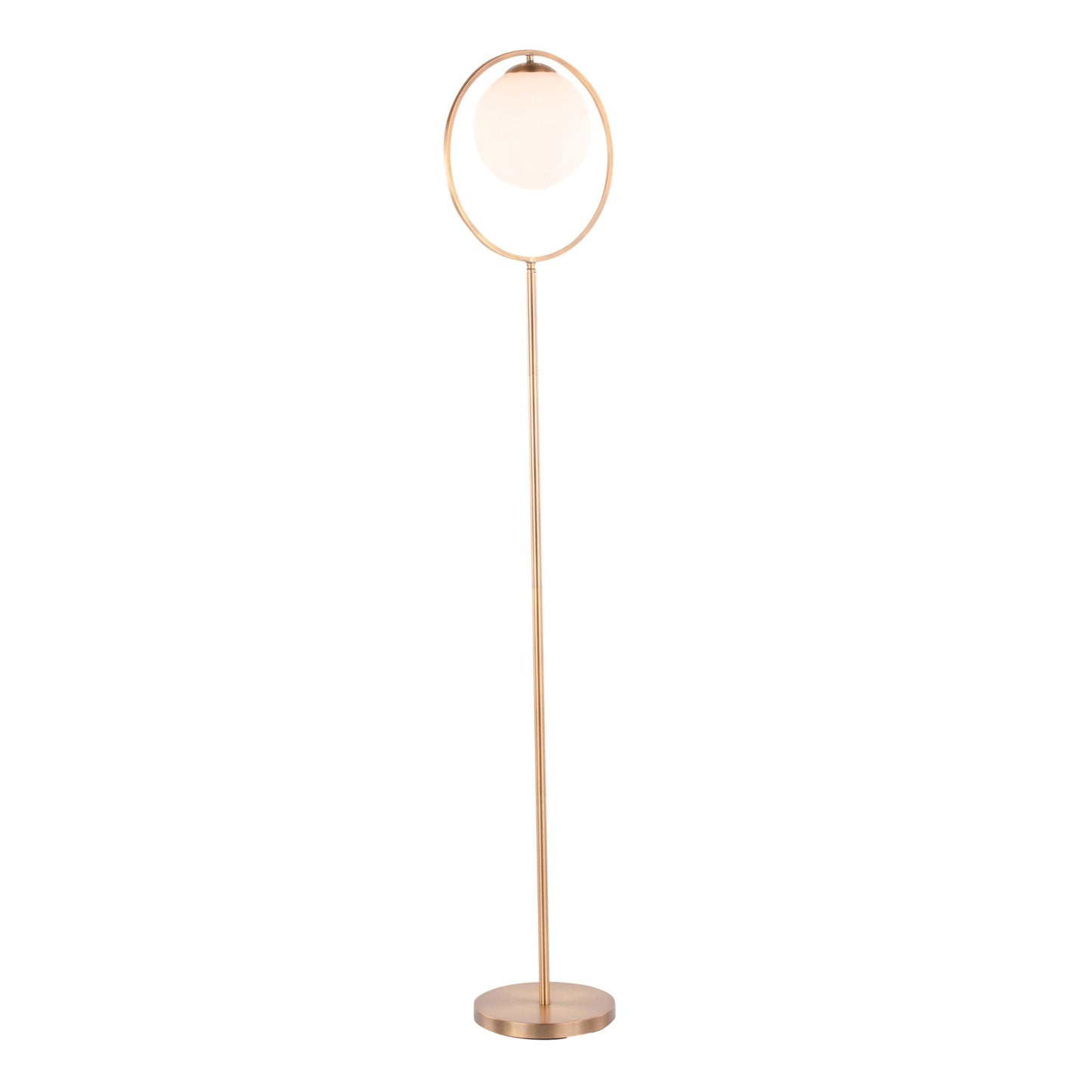 Moon Contemporary Floor Lamp by HouseOfZazla, gold finish with frosted globe and ring on Tampa Home & Garden Store
