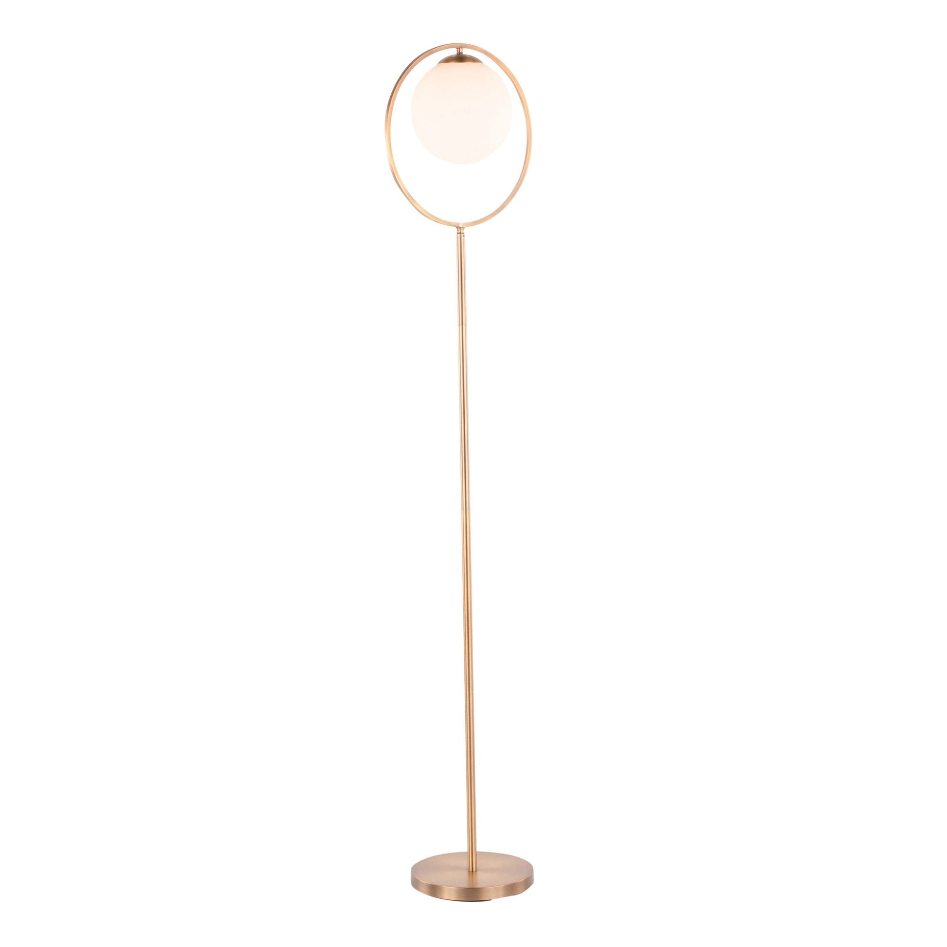 Moon Contemporary Floor Lamp by HouseOfZazla, gold finish with frosted globe and ring on Tampa Home & Garden Store
