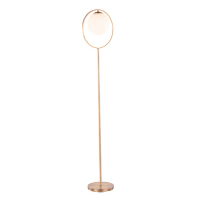 Moon Contemporary Floor Lamp by HouseOfZazla, gold finish with frosted globe and ring on Tampa Home & Garden Store