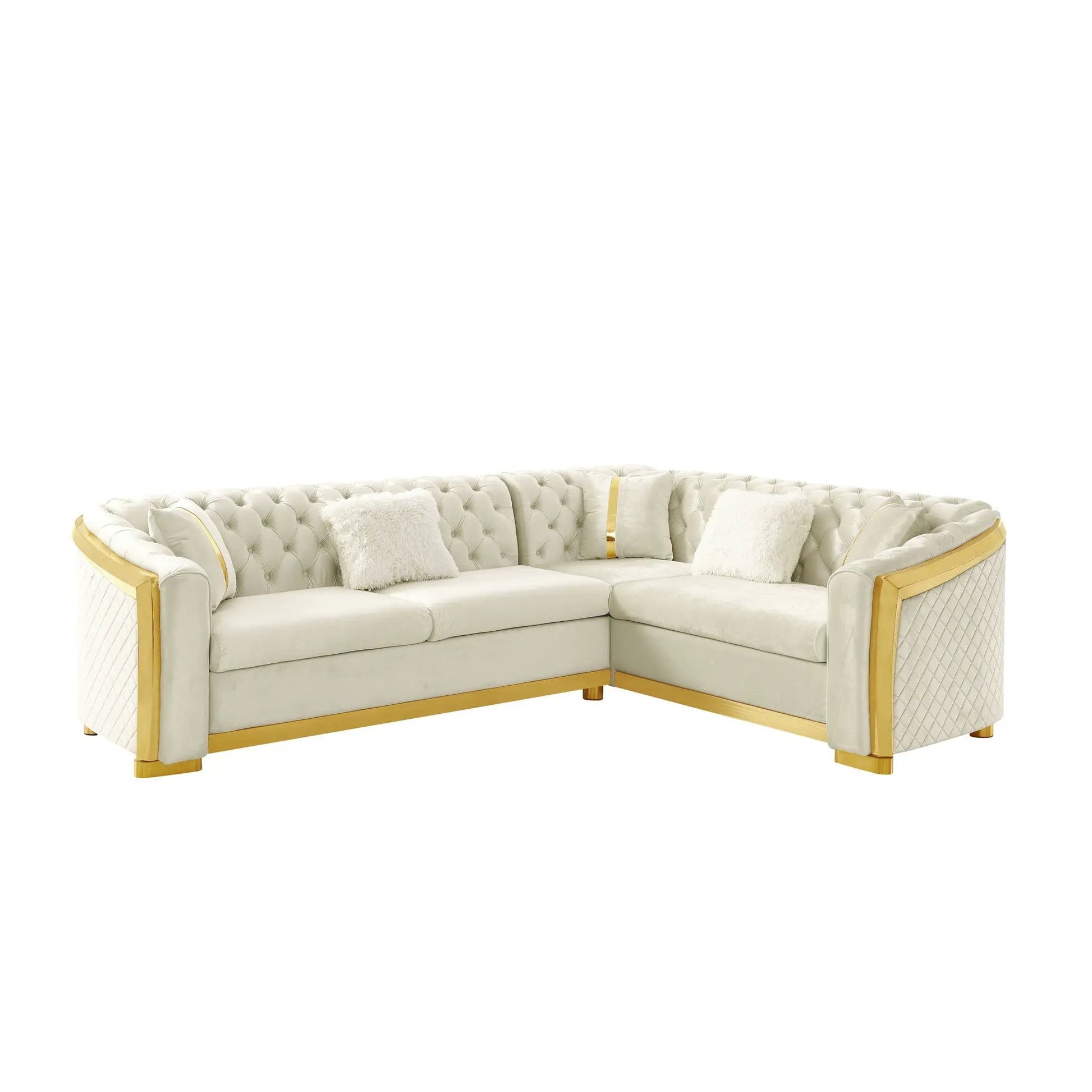 L-shaped Chesterfield sectional cream tufted with gold frame and stainless steel accents on Tampa Home & Garden Store