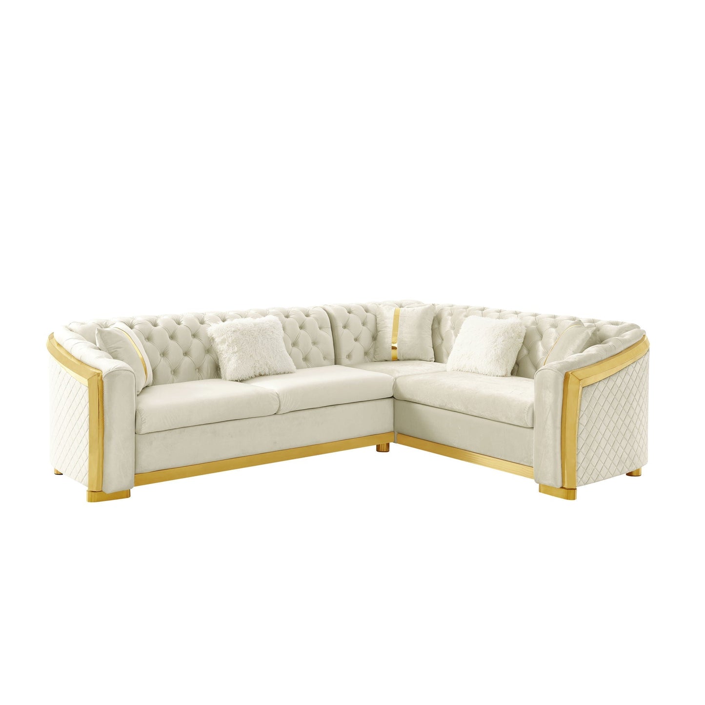L-shaped Chesterfield sectional sofa cream leather with tufted back and gold frame HouseOfZazla on Tampa Home & Garden Store