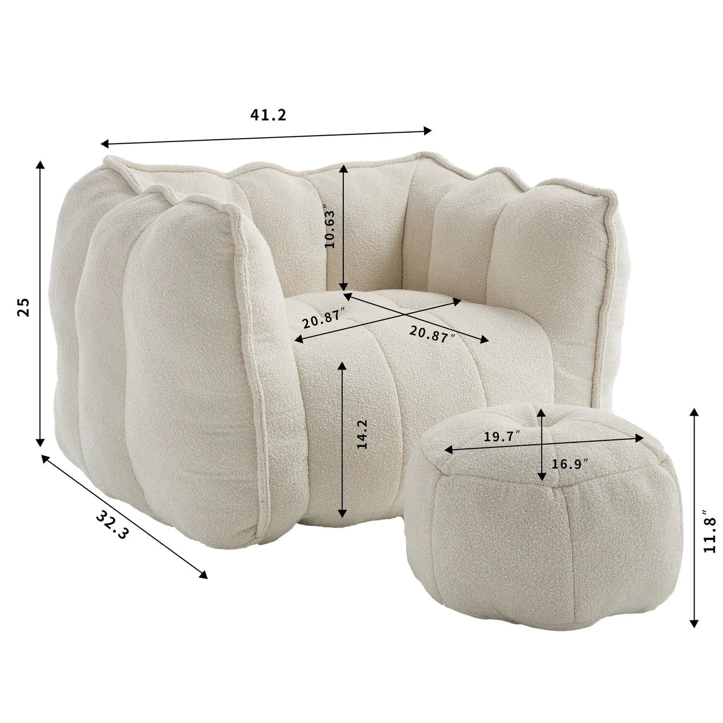 Soft bean bag chair with resilient foam and ottoman in beige fabric Unique Piece Furniture on Tampa Home & Garden Store